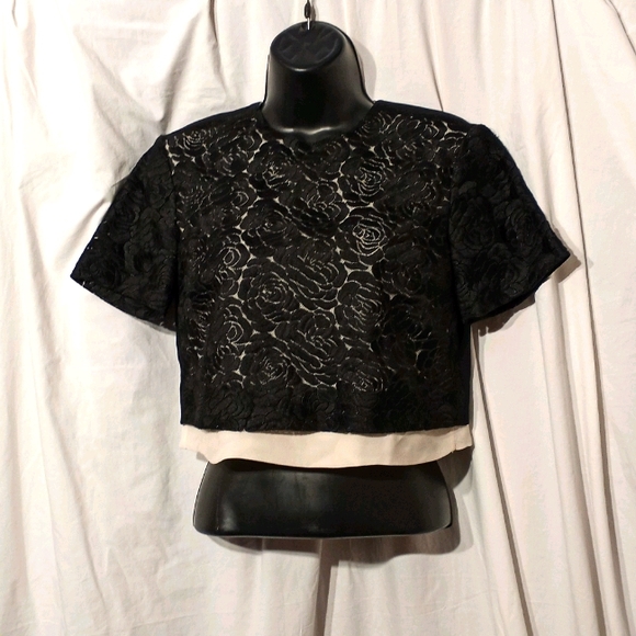 A.L.C. Tops - A.L.C. 2-Layer (Cream Silk/Black Lace Overlay) Short Sleeve Cropped Top, Size 0